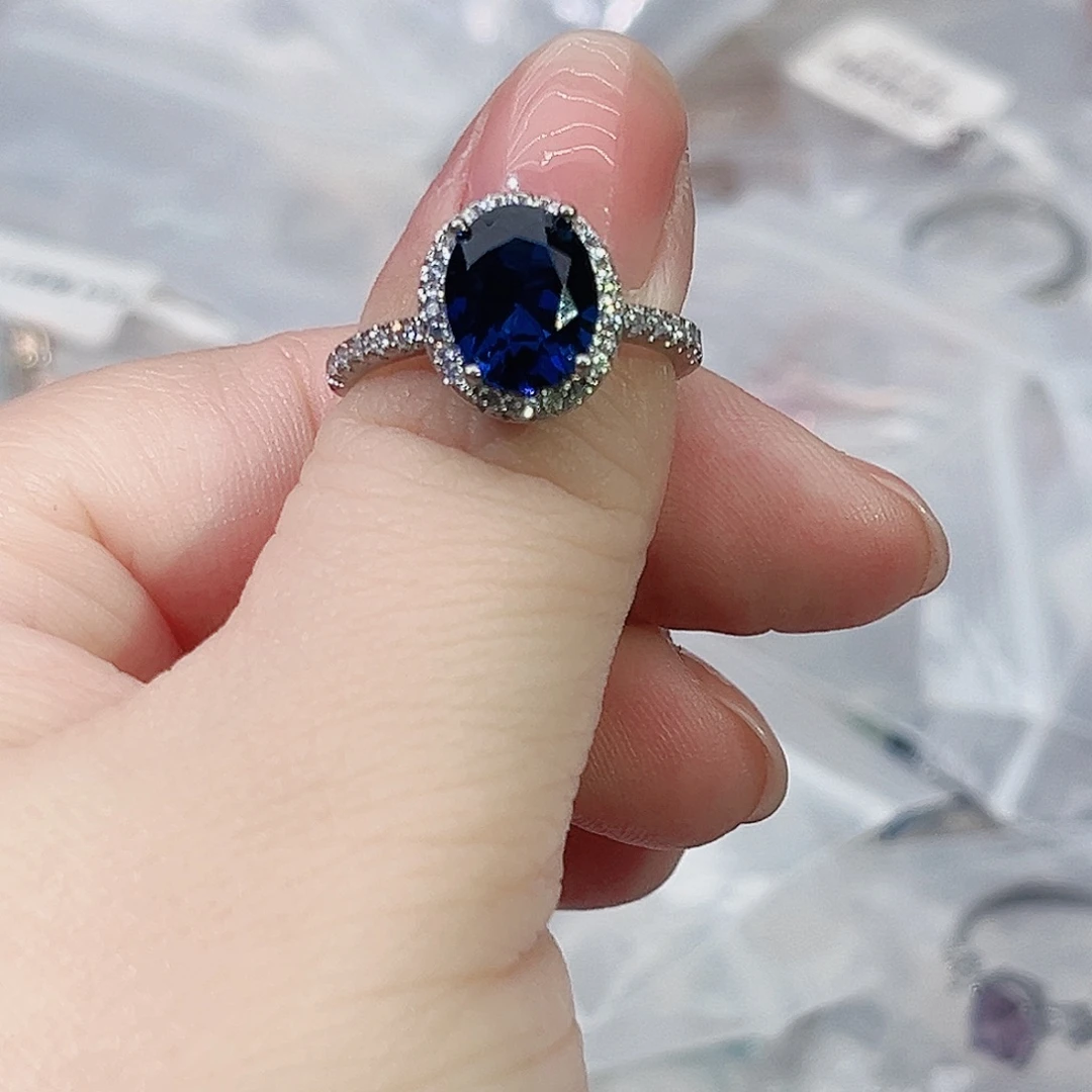 莫桑石非金属蛋形女戒三卡蓝宝-16