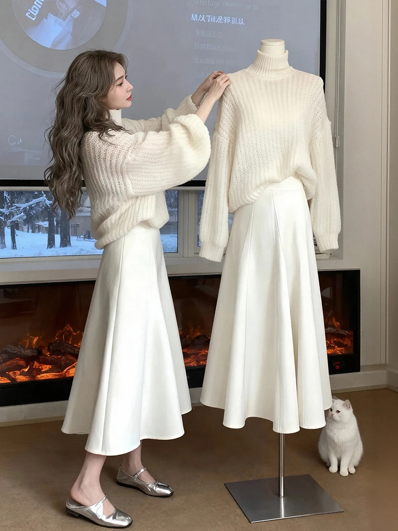 秋冬气质一整套ootd穿搭韩系温柔风灯笼袖高领针织毛衣半身裙套装