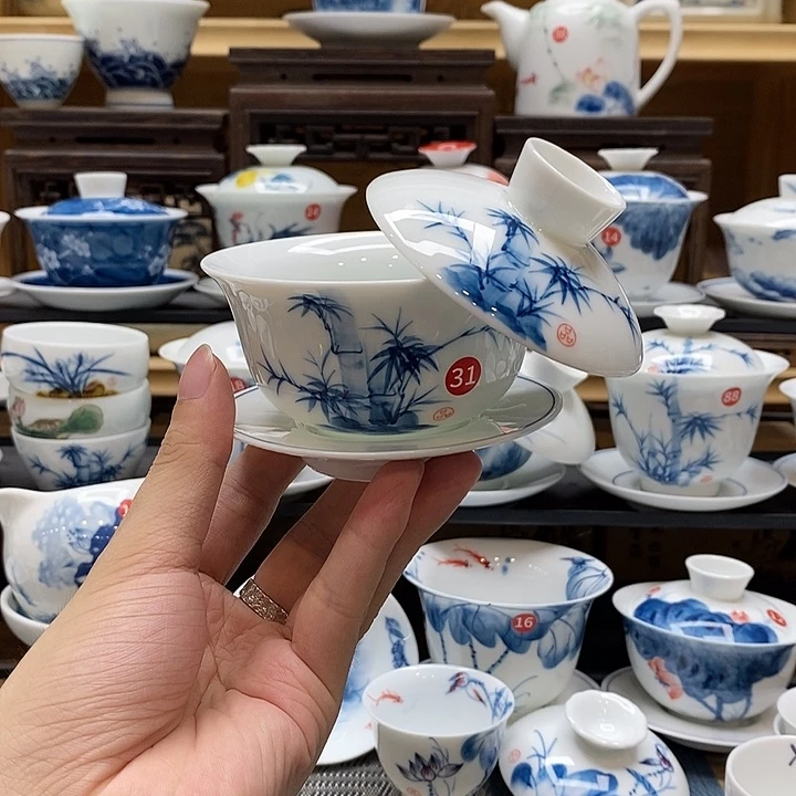 手绘竹子悬停器形盖碗釉下彩高温瓷微瑕福利款