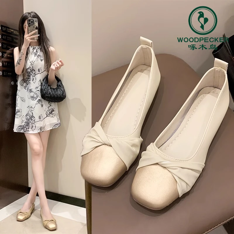 啄木鸟浅口单鞋女2025新款春季晚晚风豆豆鞋方头玛丽珍软底妈妈鞋