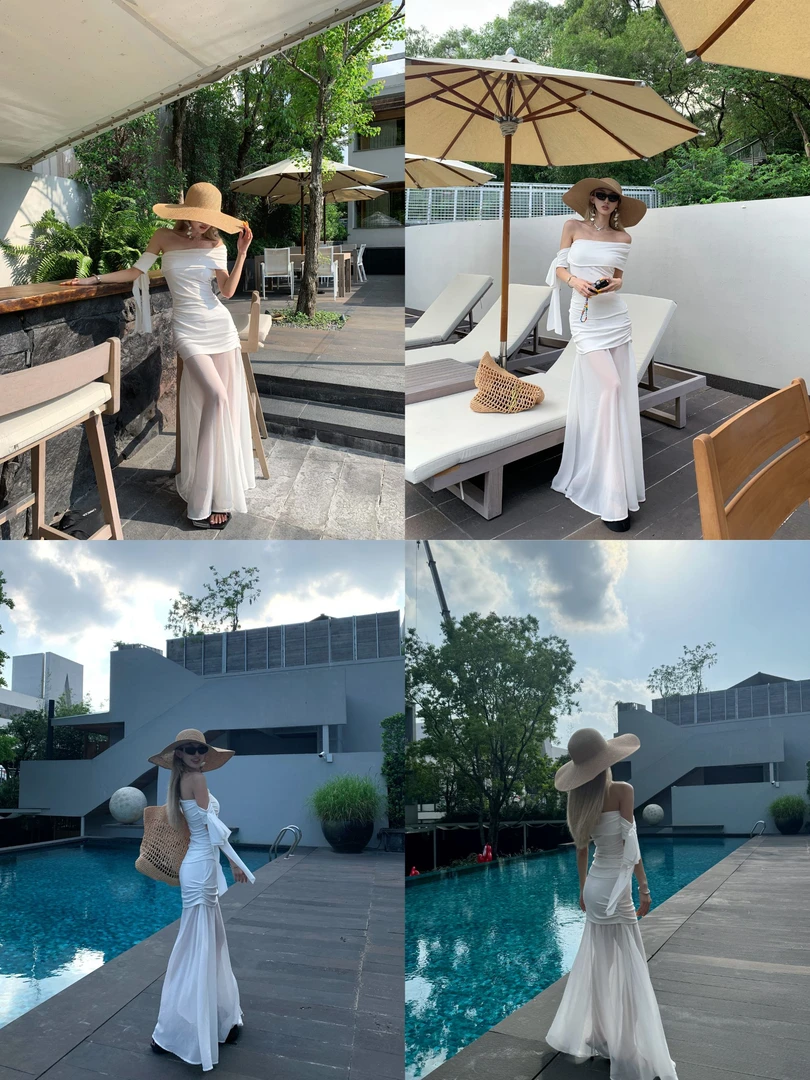 【福利款NO退换】约会战袍 纯色斜肩一字肩上衣+高腰网纱半裙 6135