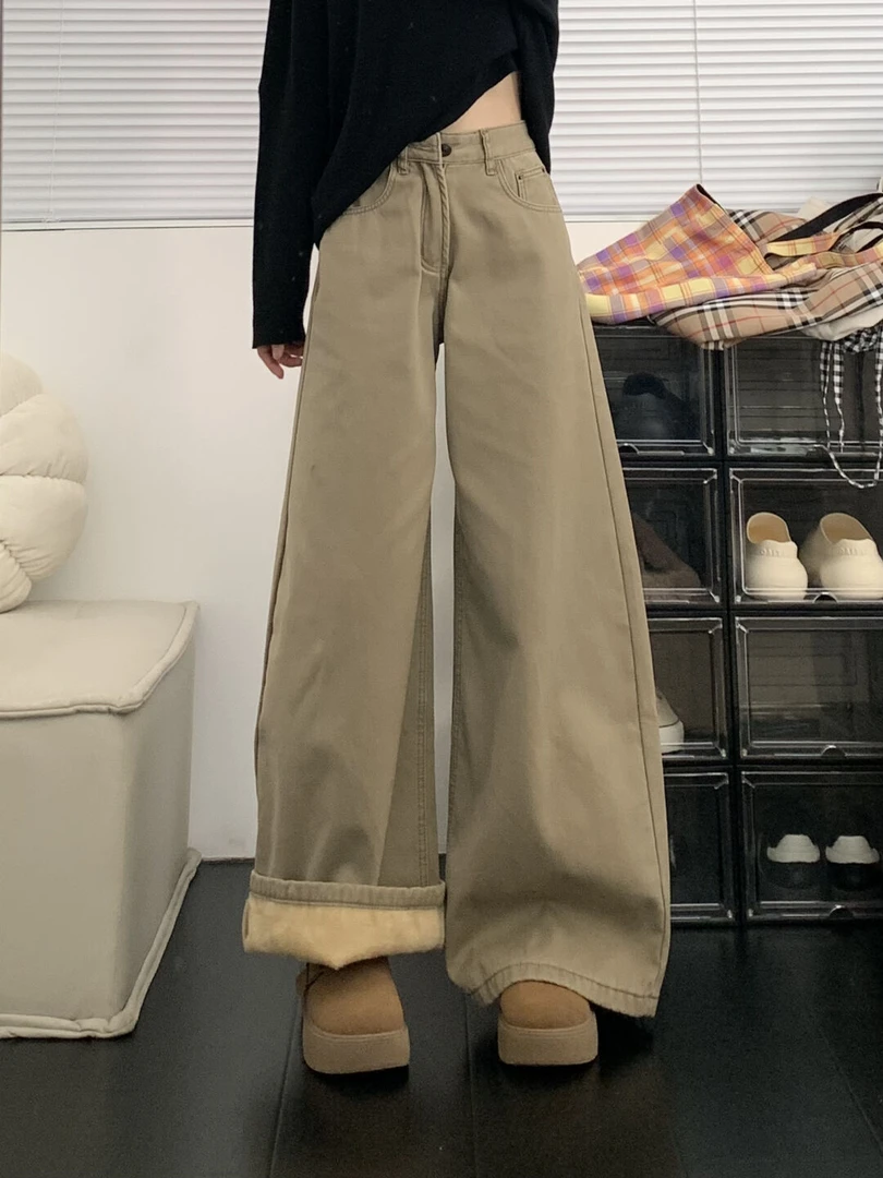 美式阔腿牛仔裤女秋冬大码胖mm加绒加厚高腰宽松显瘦卡其色直筒裤