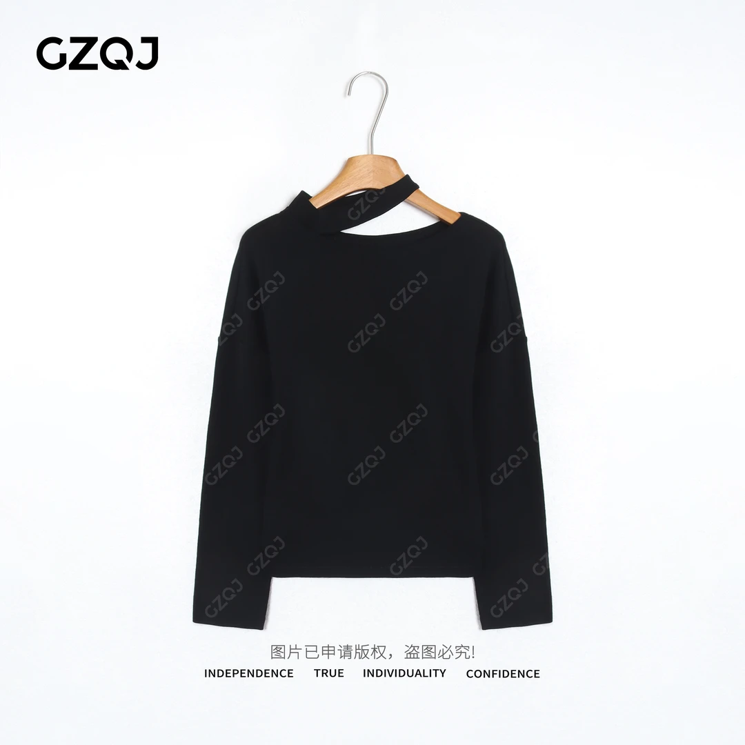 老琴私服【蒂凡尼】气质挂脖斜肩上衣露肩长袖羊毛打底T恤女02564