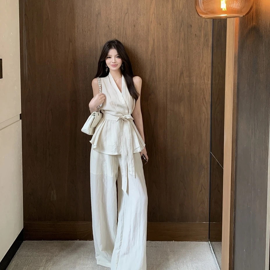 2025夏季新款洋气显瘦收腰亚麻新中式上衣宽松阔腿裤套装女