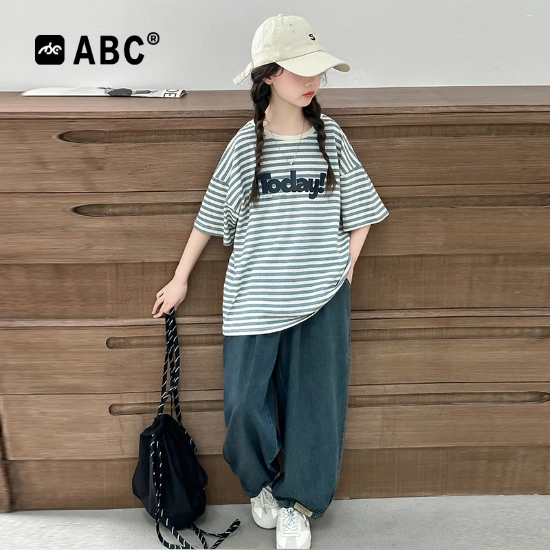 ABC女童夏季套装2025新款女孩条纹短袖长裤两件套中大童儿童夏装