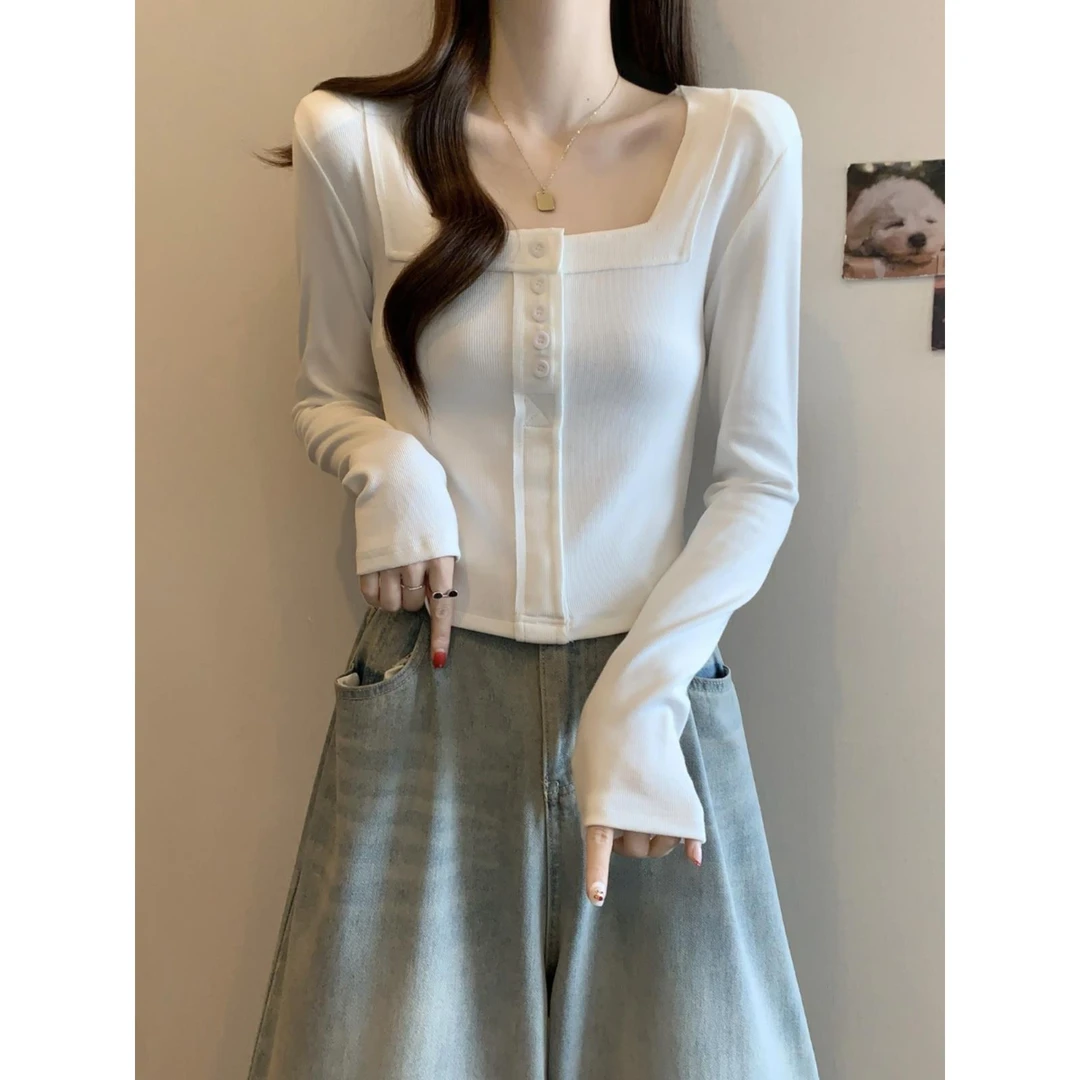 正肩长袖方领T恤女早春新款大码微胖mm巨显瘦修身甜辣小衫短上衣