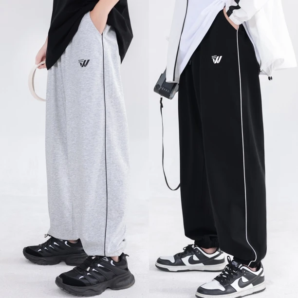 【夏季薄款】青少年侧边细条W字母长裤学生宽松休闲运动裤01122