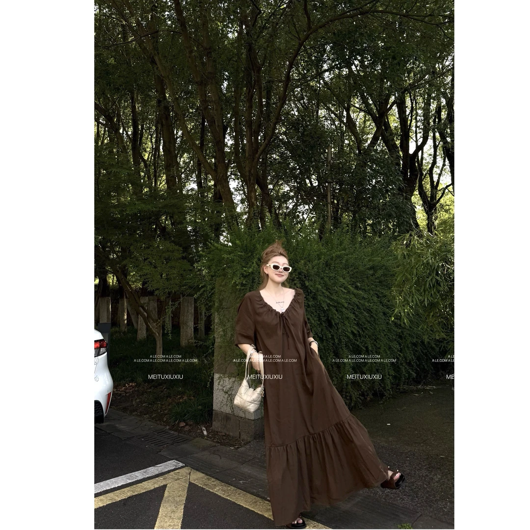 【阿乐家】大码微胖“轻奢唯美”夏日极简赫本风V领抽绳系带连衣裙