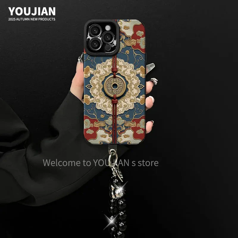 适用【苹果/oppo/华为/vivo/小米】网红复古山鬼花钱防摔手机壳女款