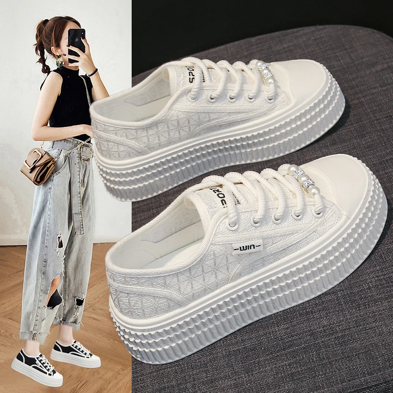2025新款蕾丝饼干鞋女款夏季厚底百搭小白鞋夏天透气薄款休闲板鞋