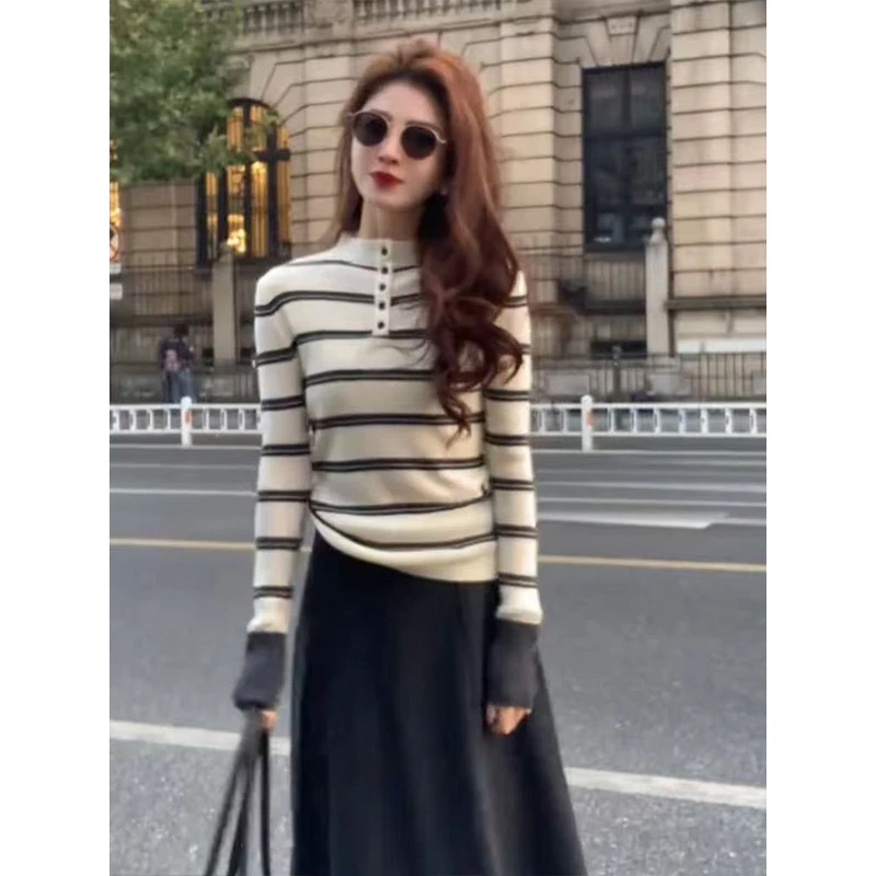 撞色条纹半高领打底衫女2025秋冬新款针织衫修身内搭长袖打底毛衣