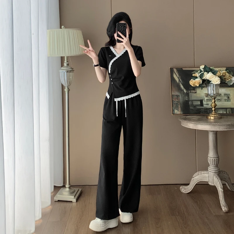 新中式短袖休闲时尚套装女夏季显瘦减龄气质运动阔腿裤两件套洋气