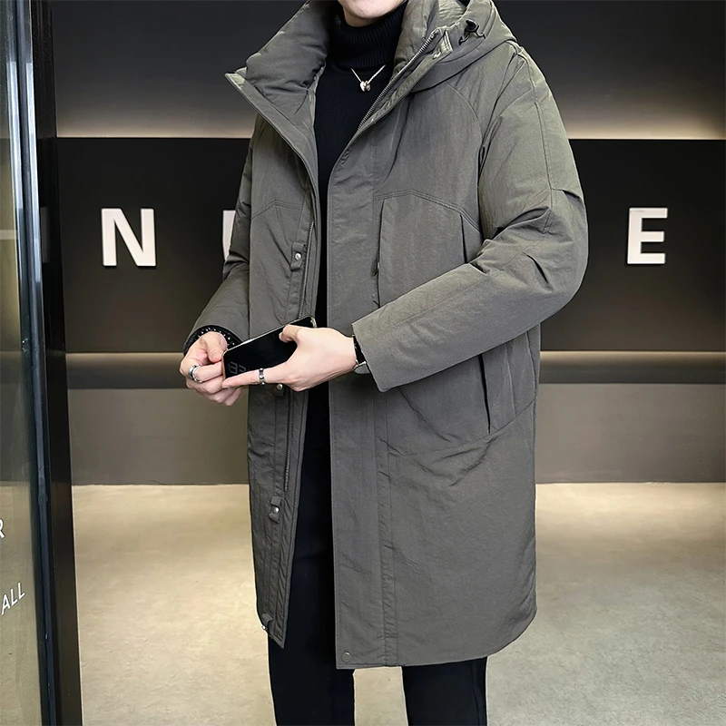 中长款羽绒服男连帽冬季潮牌2025新款休闲帅气纯色高级感鹅绒外套