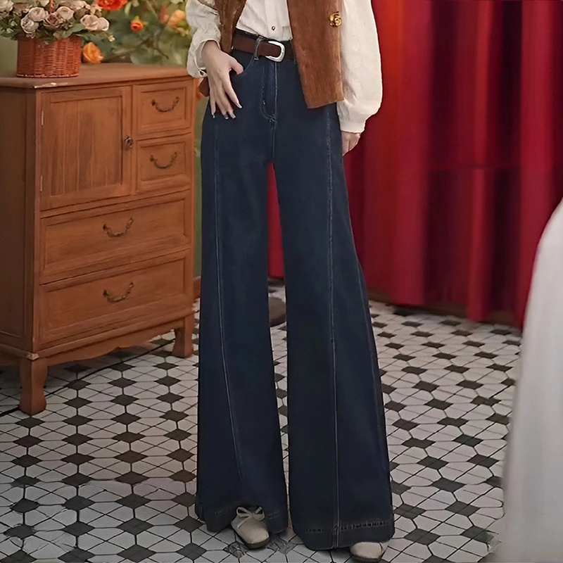 复古深蓝拼接A版阔腿牛仔裤女2025春秋新款高腰显瘦宽松喇叭裤子