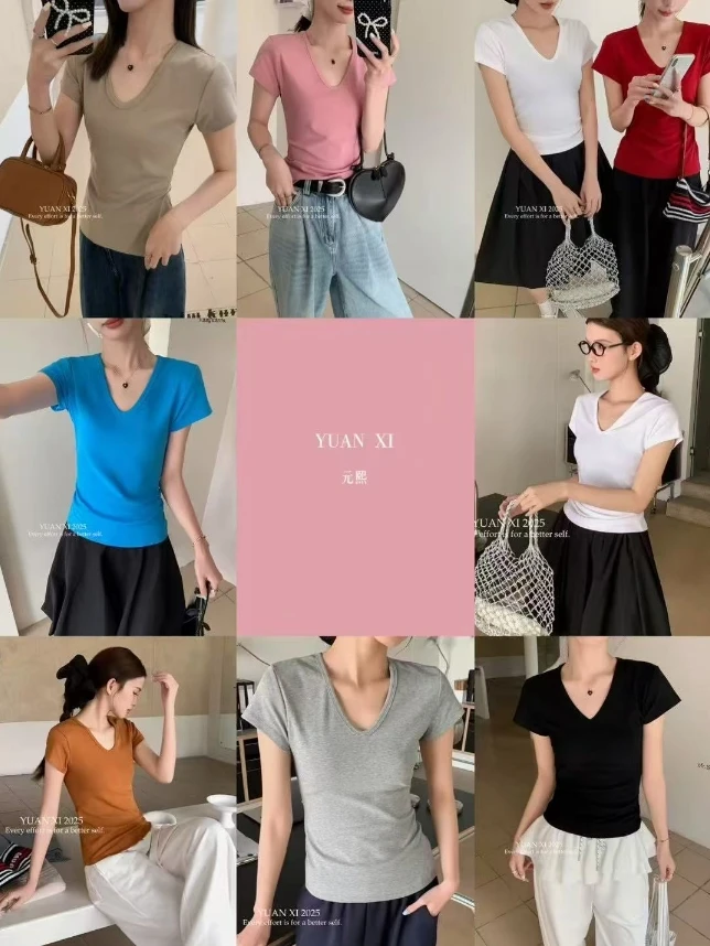 温柔瑶-元熙#韩版百搭V领短袖T恤#6071