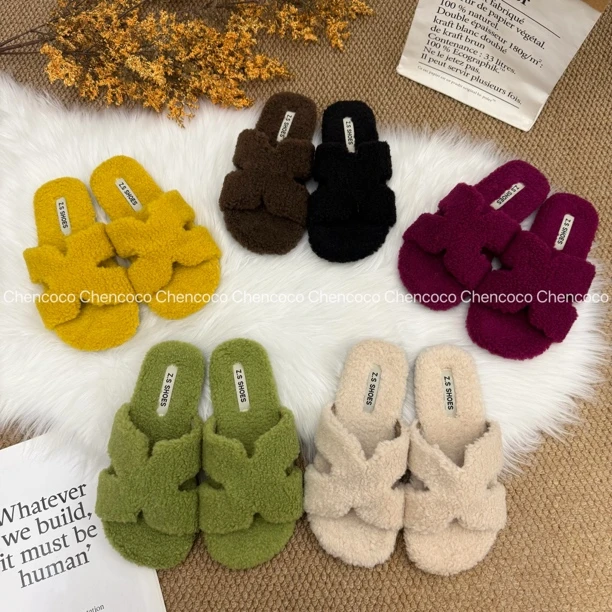 韩版平底毛毛拖鞋女2025新款秋冬软底防滑一字拖居家保暖毛绒棉拖