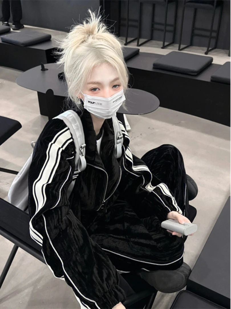 美式秋冬卫衣休闲套装痞帅网红开衫潮牌一套搭配外套条纹卫裤