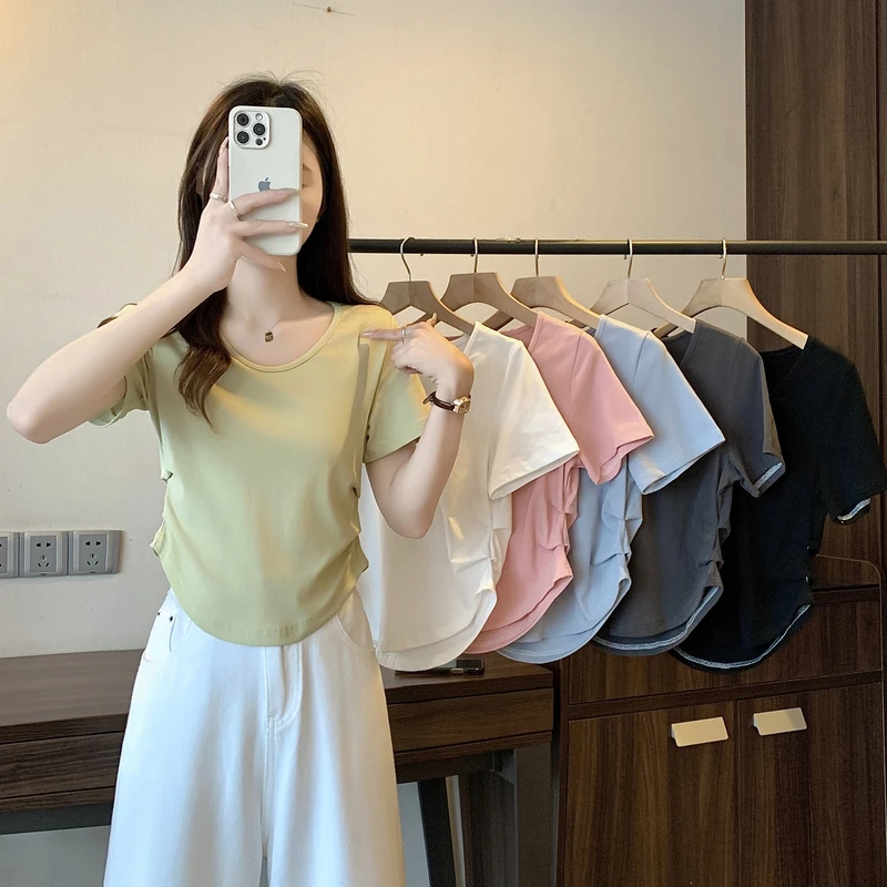 夏装大码女装新款糖果色纯色夏日凉爽短袖上衣 2577