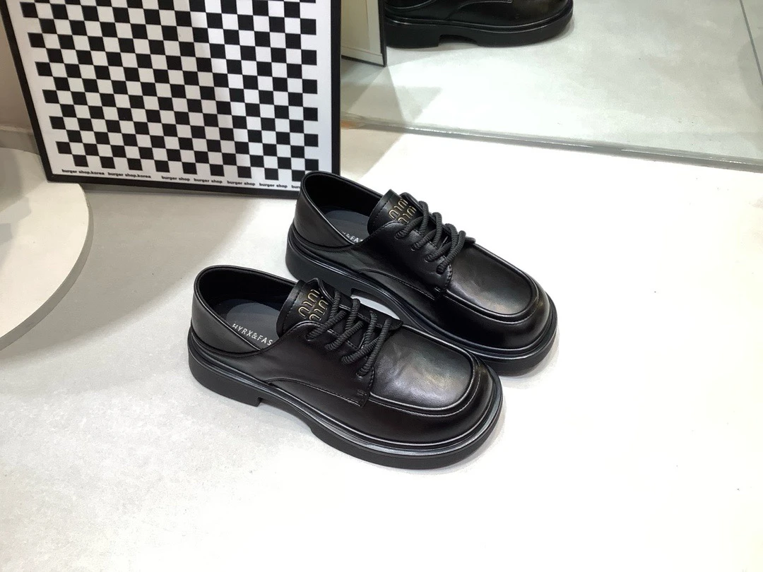 英伦风单鞋牛津鞋交叉绑带修面英伦百搭平跟厚底黑色真皮复古休闲