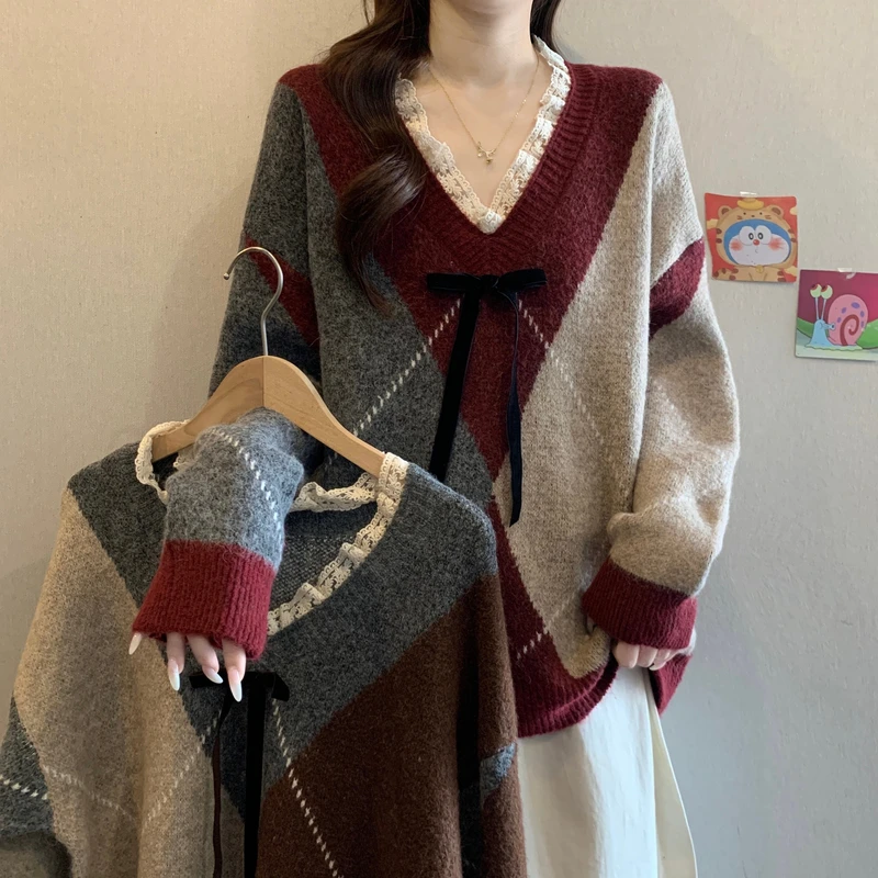 冬季女学院风落肩袖毛针织衫慵懒风加厚套头宽松