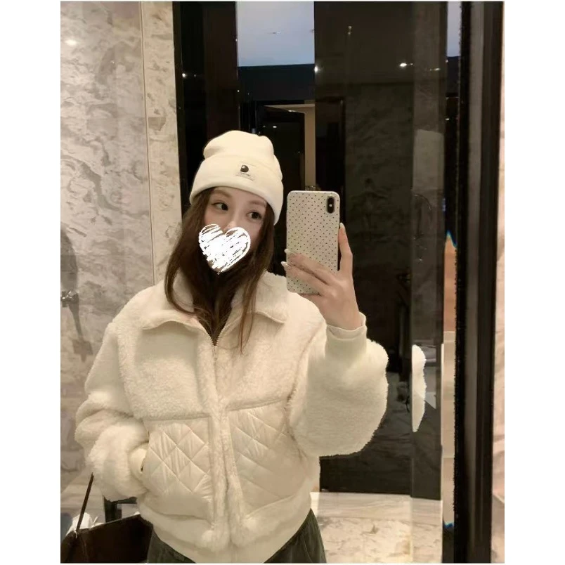 韩系秋冬毛绒质感翻领加菱格纹设计棉服保暖时髦短款外套女 82178