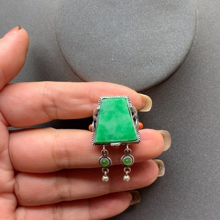 翡翠戒指银S925镶嵌艳*