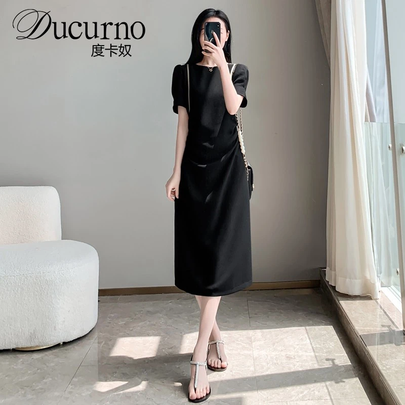 法式黑色连衣裙女2025夏季新款圆领设计感泡泡袖赫本风显瘦中长裙