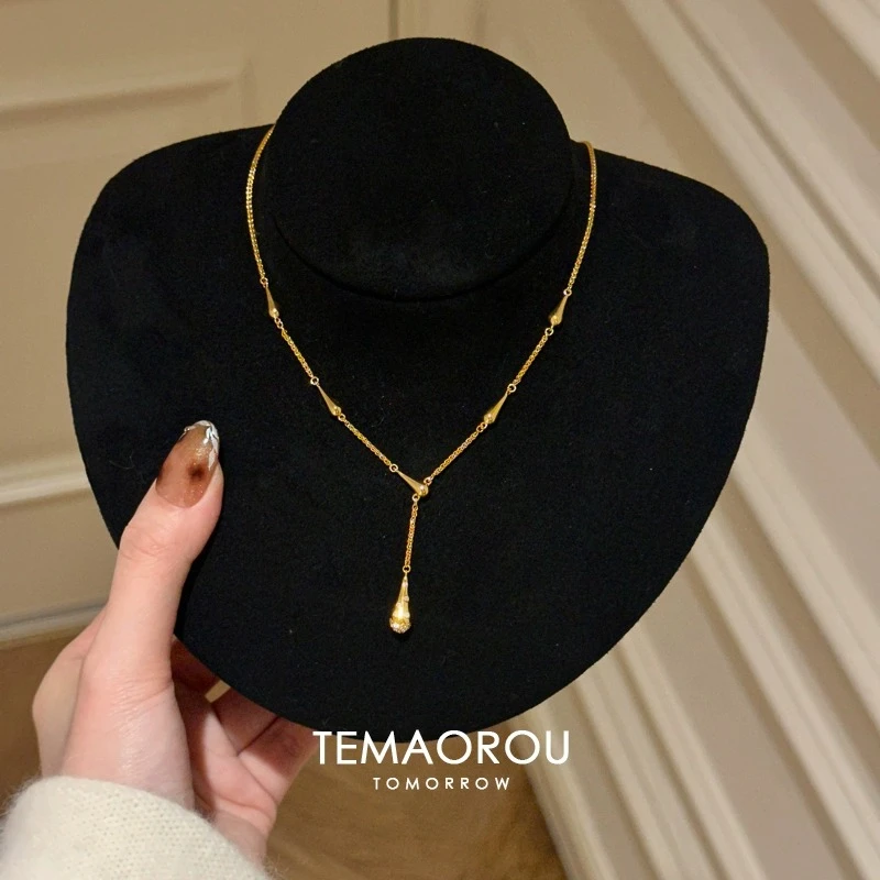 铜合金项链 复古金色水滴项链中古轻奢千金风高级感气质锁骨链女