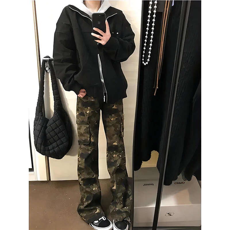 美式高街户外迷彩男士牛仔裤秋冬痞帅显瘦直筒裤vibe百搭微喇裤子