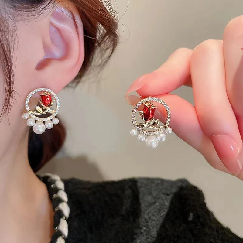 合金耳饰 滴油玫瑰花珍珠耳环日韩甜美精致少女心耳钉耳饰品女