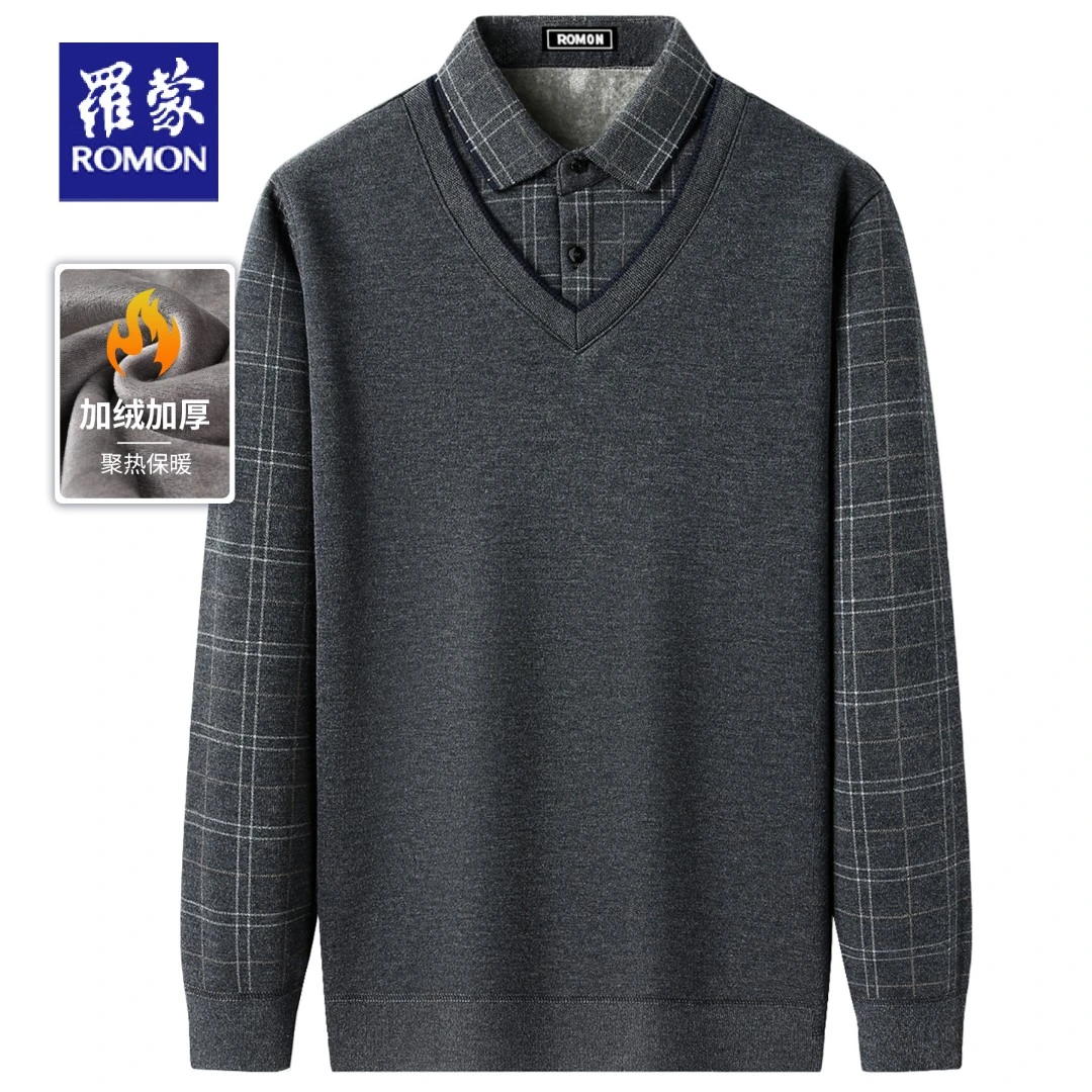 罗蒙假两件针织衫毛衣男士冬季加绒加厚防寒保暖中老年男装爸爸装