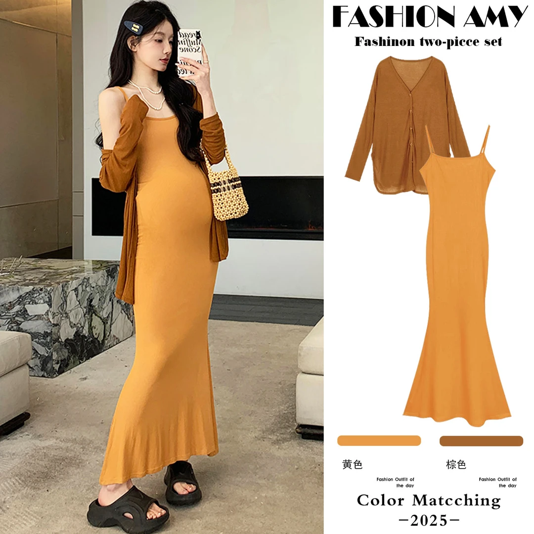 孕妇连衣裙春夏新款时尚韩版宽松薄款针织防晒开衫显瘦吊带鱼尾裙