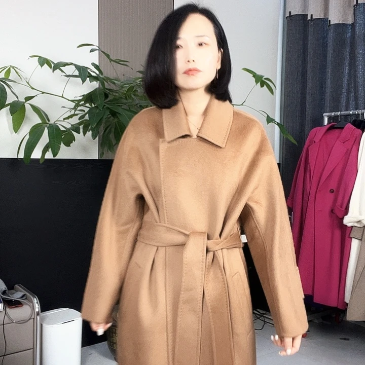 双面呢大衣S码驼色长款