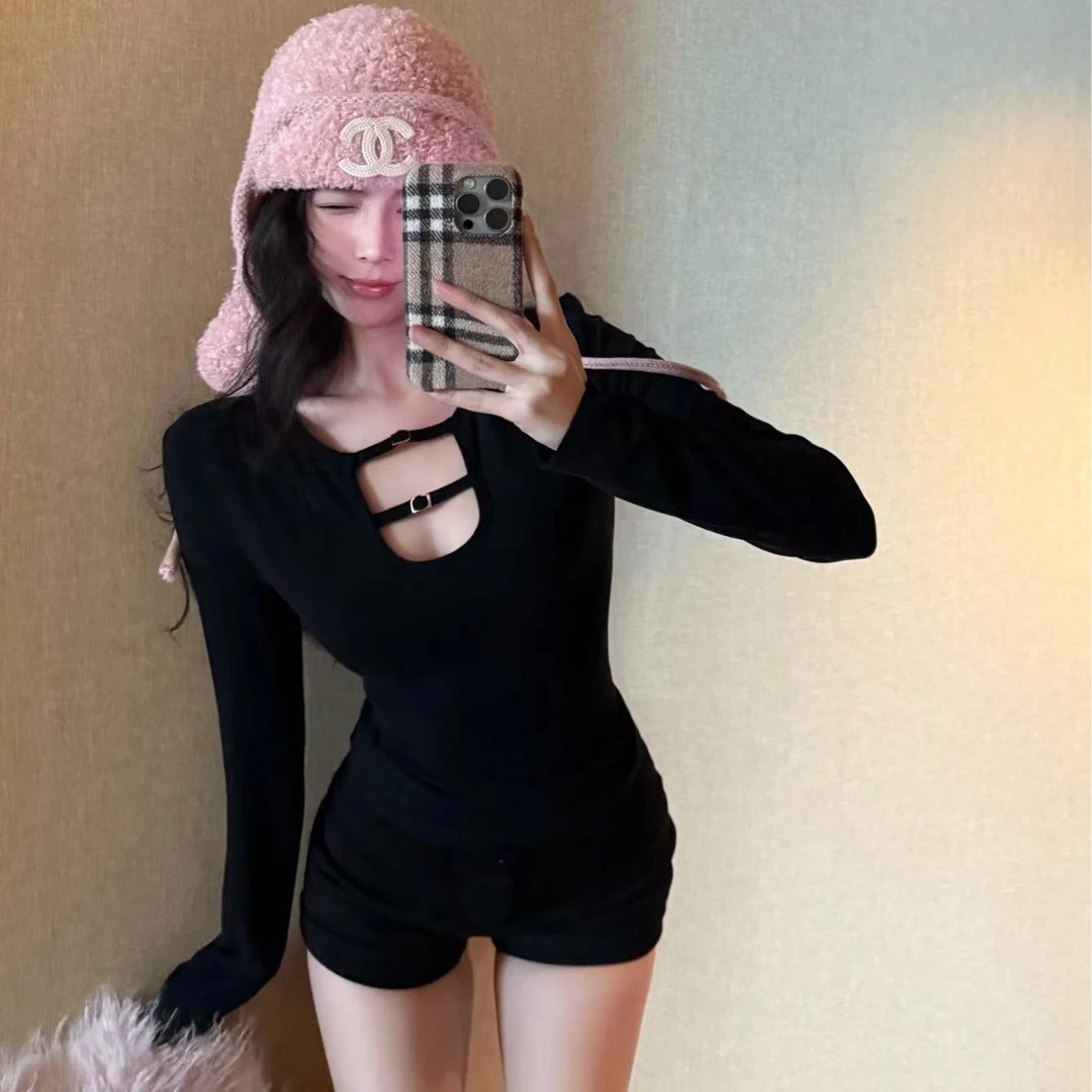 镂空套头设计感内搭长袖T恤女新款修身显瘦打底简约上衣