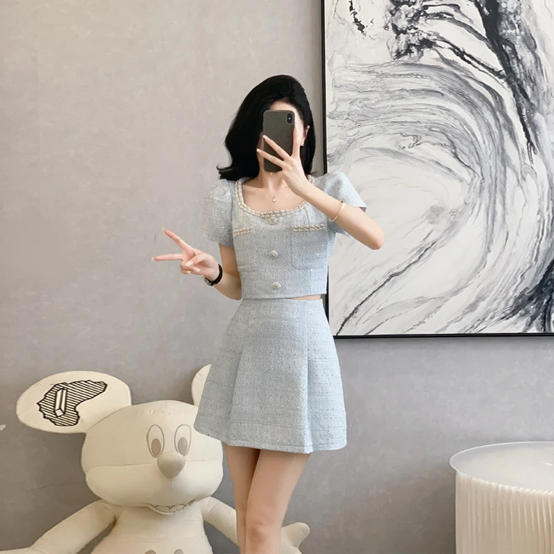 小香风钉珠亮片编织短款上衣A字半身裙两件套女夏季减龄时尚套装