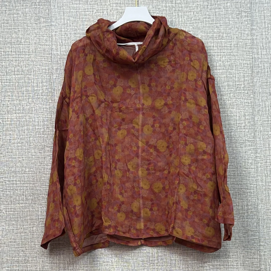 高支苎麻数码印花原创设计高领衫遮肉显肉2025春夏新款女透气舒适