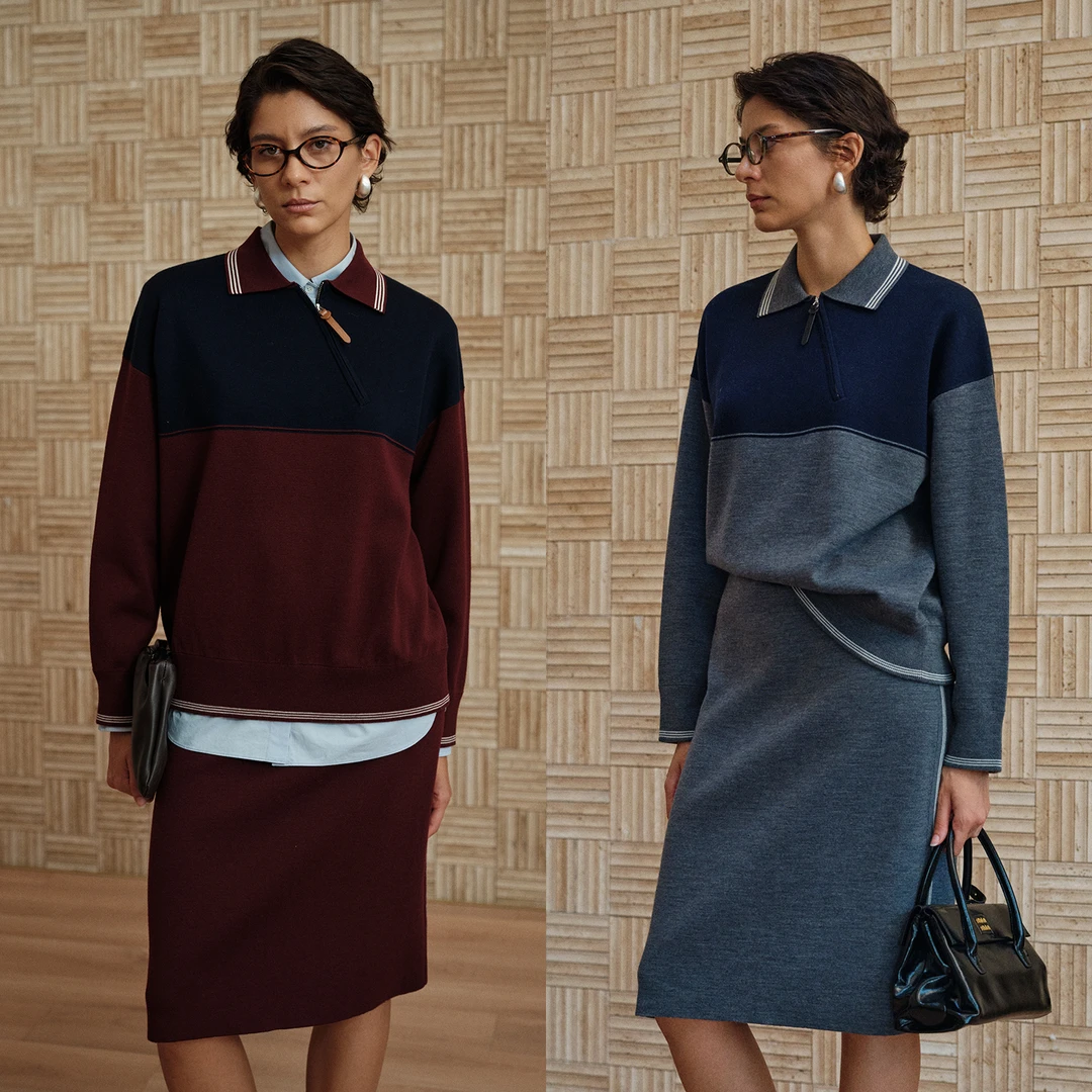 "温网套"精纺时髦拼色运动风针织套衫/半裙