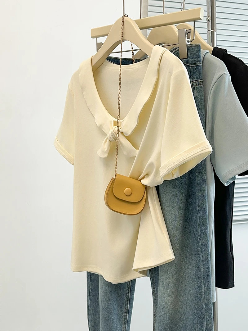 正肩短袖t恤女娃娃领撞色大码女装百搭遮肚子胖mm显瘦方领上衣夏