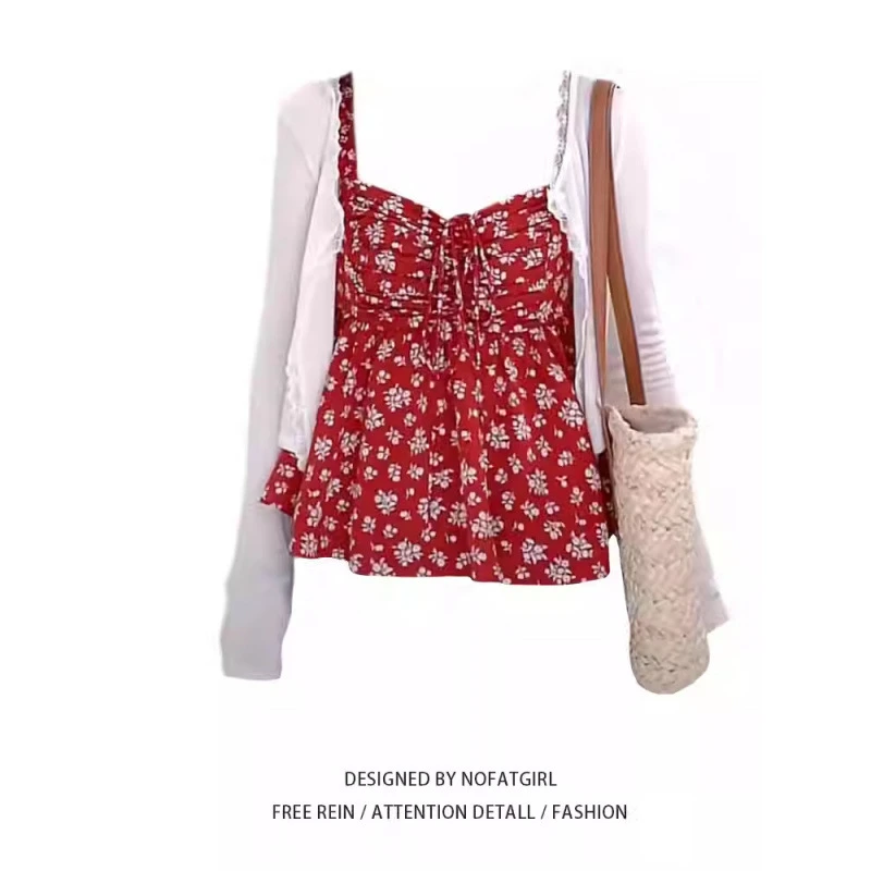 大码胖妹妹韩系温柔风红色碎花小吊带短款上衣女春季短款开衫套装