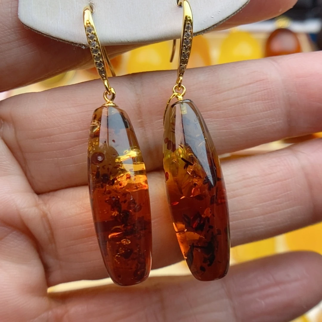 琥珀耳饰银S925镀金镶嵌