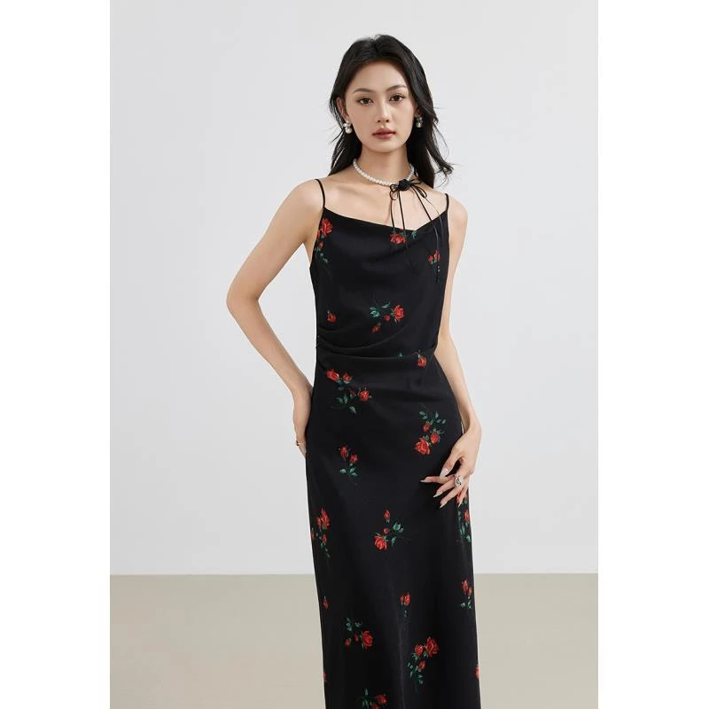 夏季吊带显瘦醋纤吊带裙优雅连衣裙印花气质法式旗袍ya25213l007