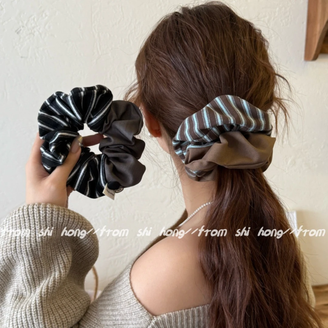 复古条纹装饰拼接慵懒大肠发圈女2025新款高端百搭时尚扎马尾头饰