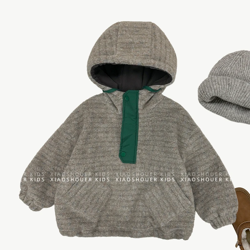【小首尔】绿色现货-qc7冬男女童加绒加厚连帽卫衣外套hbb6456