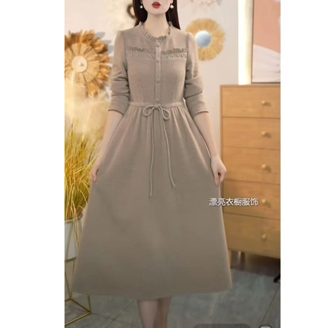 漂亮衣橱长袖连衣裙女秋季2025新款宽松系带轻熟风妈妈装a字裙子