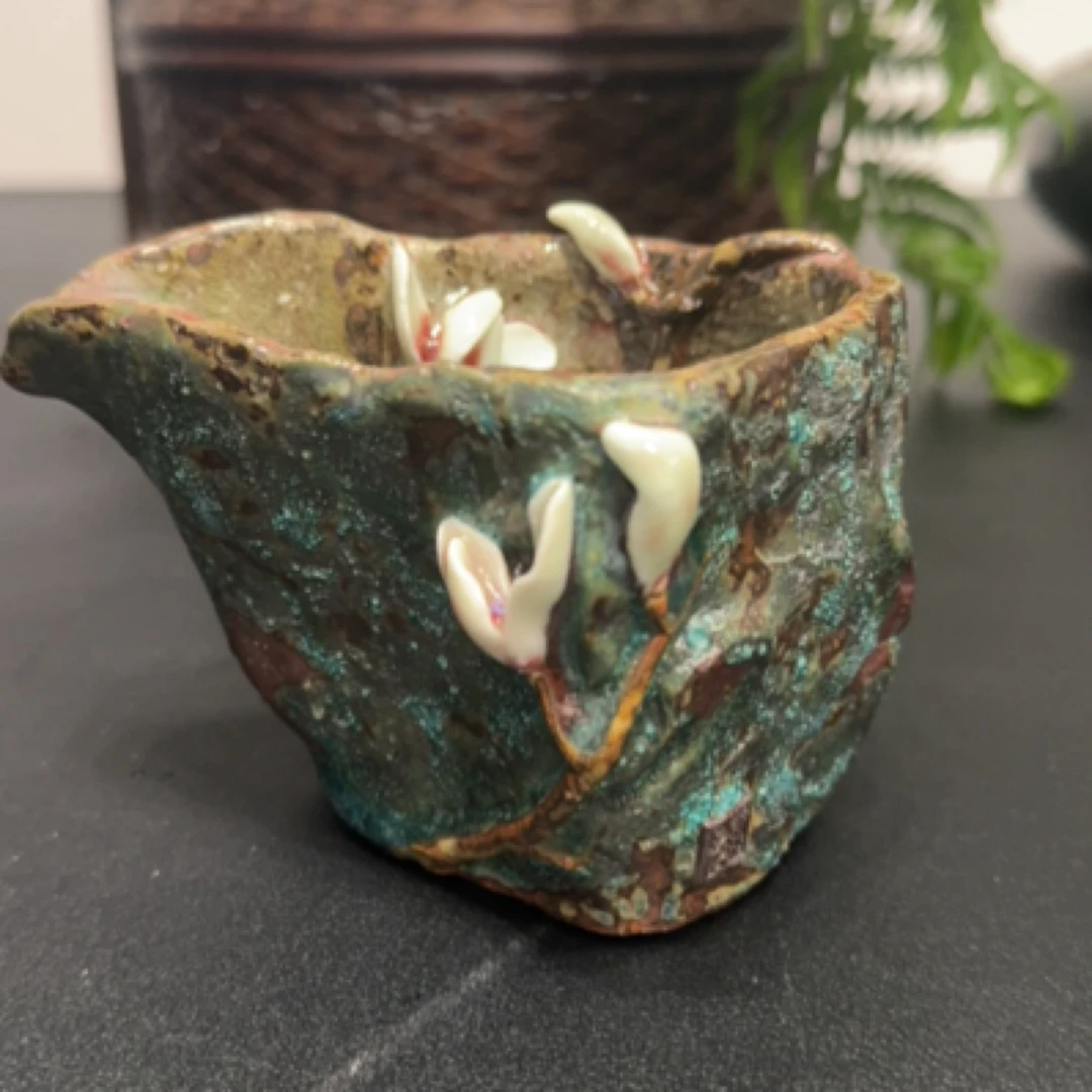 粗陶手捏玉兰花公道杯