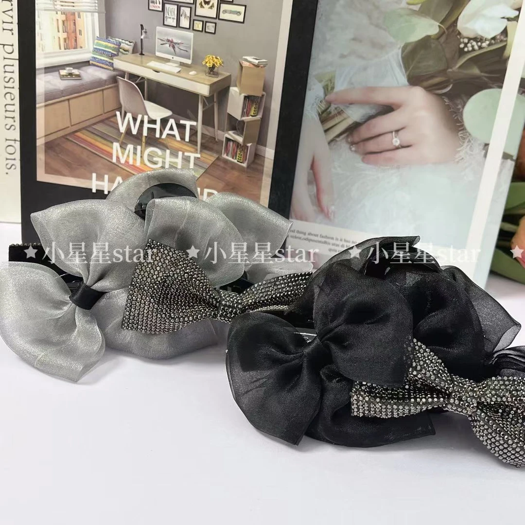 轻奢闪钻双蝴蝶结13CM抓夹女复古鲨鱼夹后脑勺蓬松显发量发夹头饰