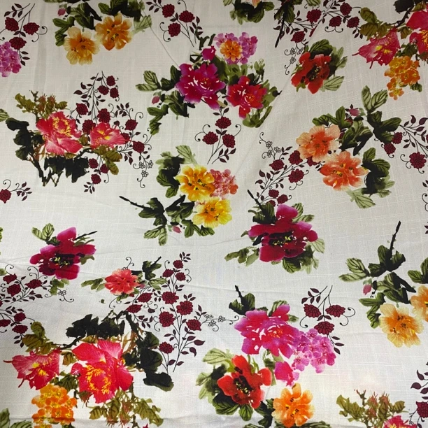 白底红花.竹节棉麻.春夏秋连衣裙旗袍面料柔软舒适