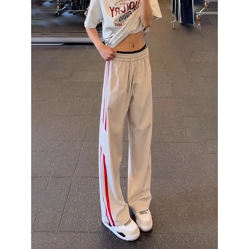 美式条纹拼接冰丝凉感裤子男款夏季直筒速干工装裤垂感宽松阔腿裤