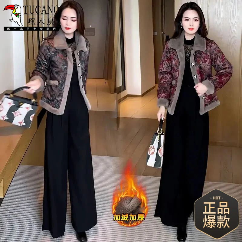 加绒加厚印花毛呢外套女2024冬季新款洋气显瘦小个子保暖棉袄外套