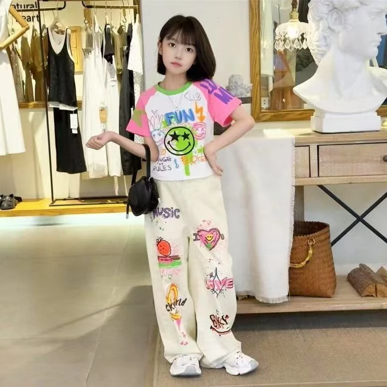 女童多巴胺休闲运动套装女夏季潮酷涂鸦短袖牛仔阔腿裤两件套